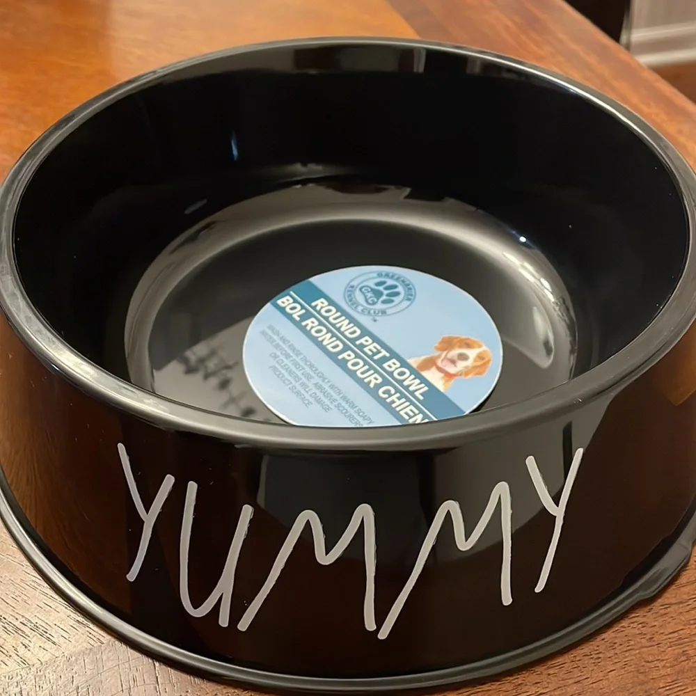 New two large dog bowls, one pet food jar, one small pet food jar